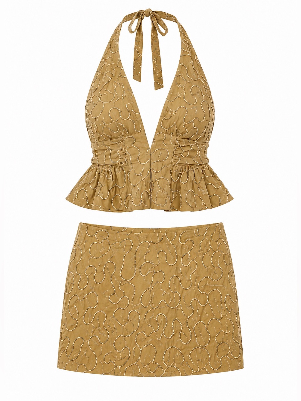 Zara Beaded Haltertio and Mini Skirt in Tan